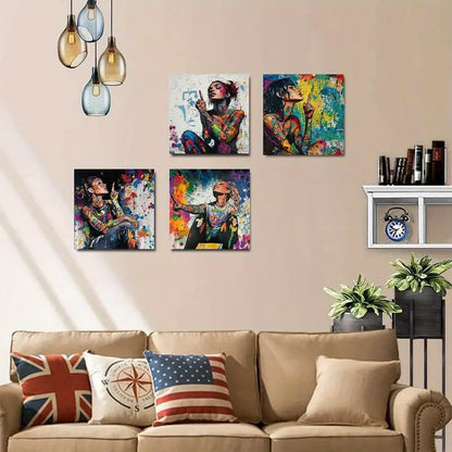 4pcs  Colorful Graffiti Women Paintings   Wall Art Canvas Framed