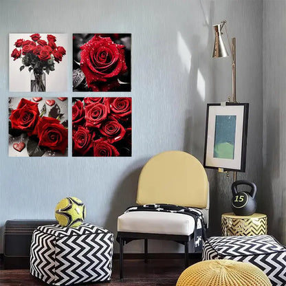 4pcs Black And Red Rose   BR Wall Art Canvas Framed