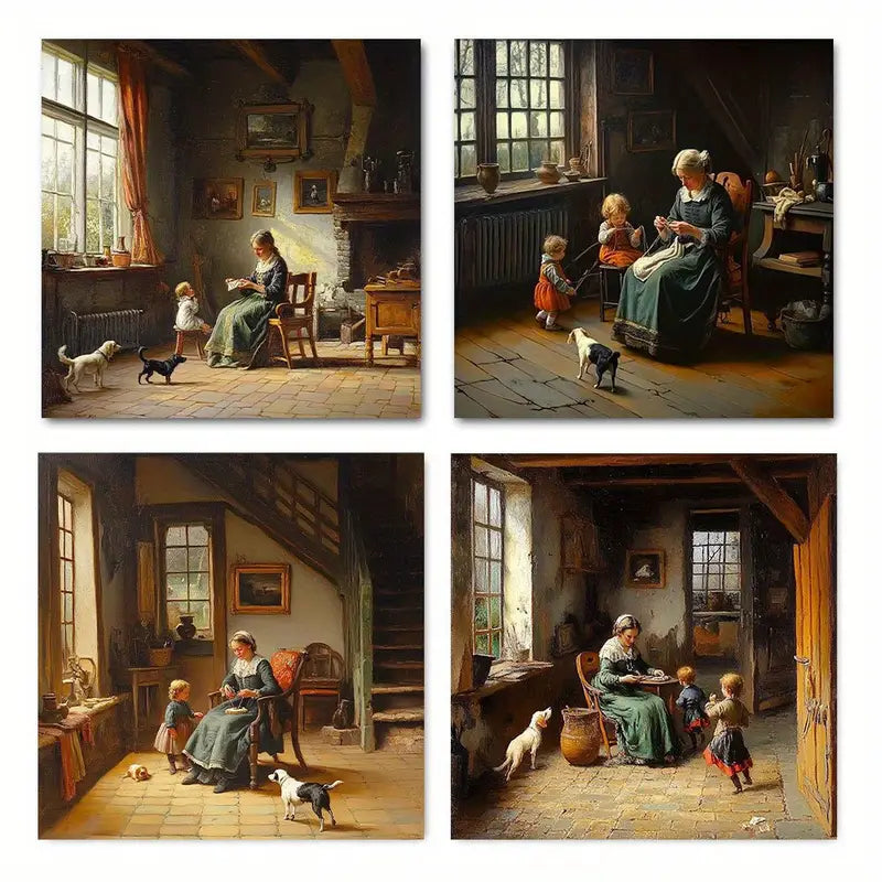 4pcs   Rustic Mother and Youngsters  RM Wall Art Canvas Framed