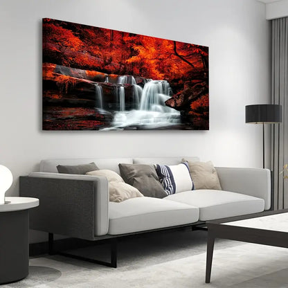 Waterfall Autumn Forest Red Forest Wall Art canvas office home room framed 120x60cm