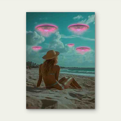 Woman on the Beach Looking at Pink UFOs 60x90cm Metal Print Ready to Hang
