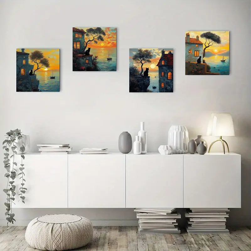 4pcs Black Cat Beach Sunset Dead Trees Wall Art Canvas Framed