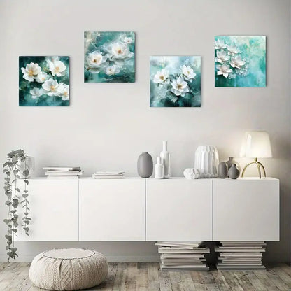 4pcs  Blue Teal Lotus Flower Wall Art Canvas Framed