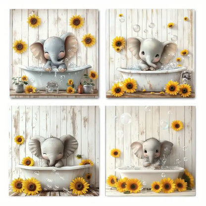 4pcs  Elephants & Sunflowers in Bathtub yu    Wall Art Canvas Framed