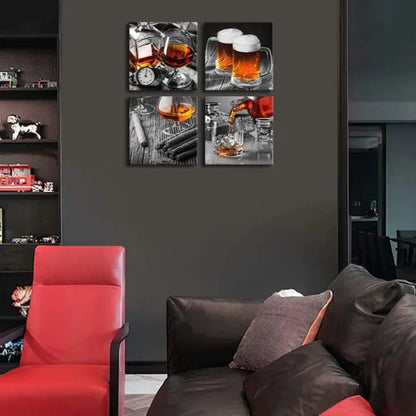 4pcs Vintage Black & Grey Wine Glass Wall Art Canvas Framed