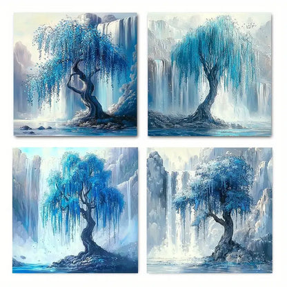 4pcs Abstract Turquoise Tree & Waterfall  Wall Art Canvas Framed