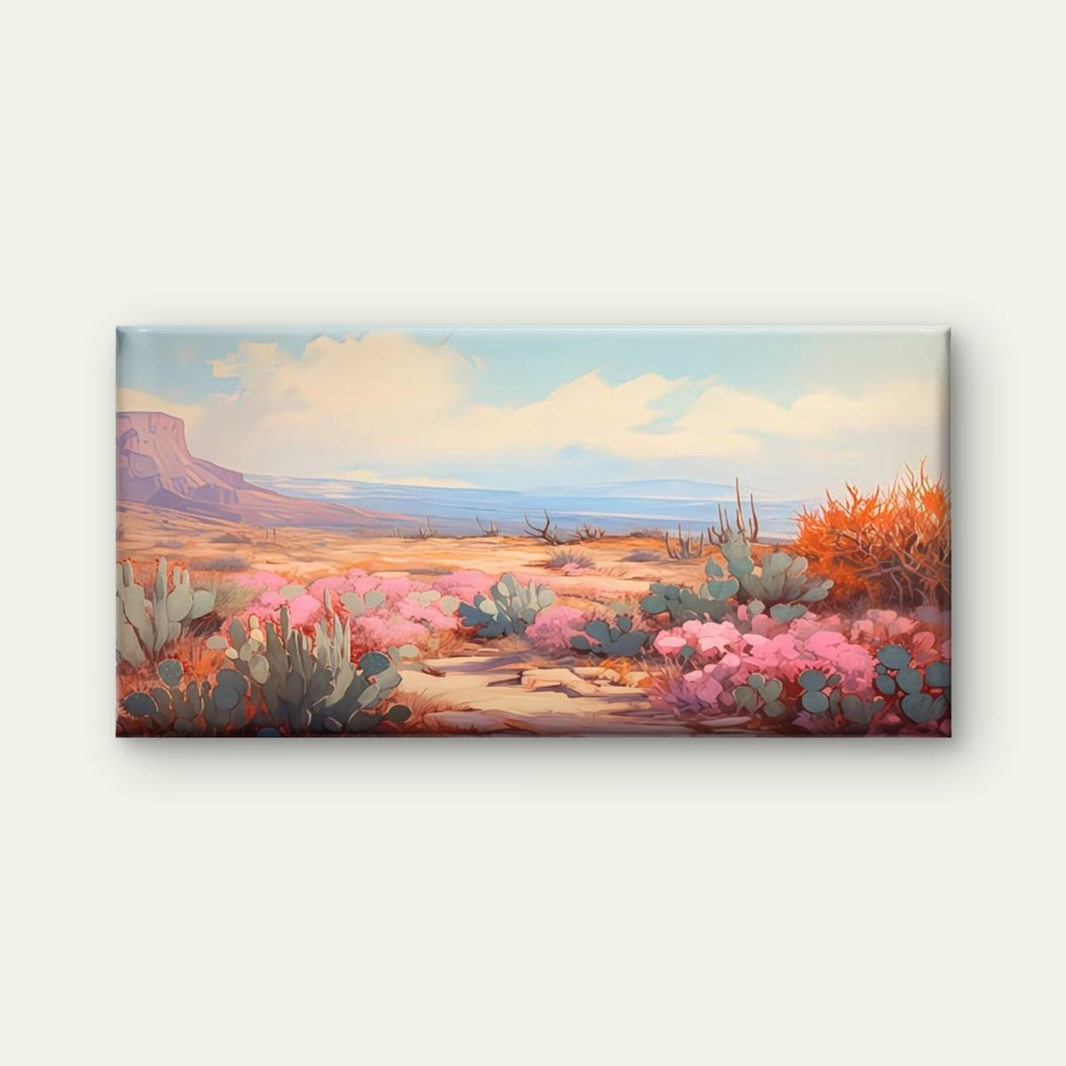 Desert Cactus & Pink Blooms Wall Art Canvas Office Home Room Framed 120x60cm