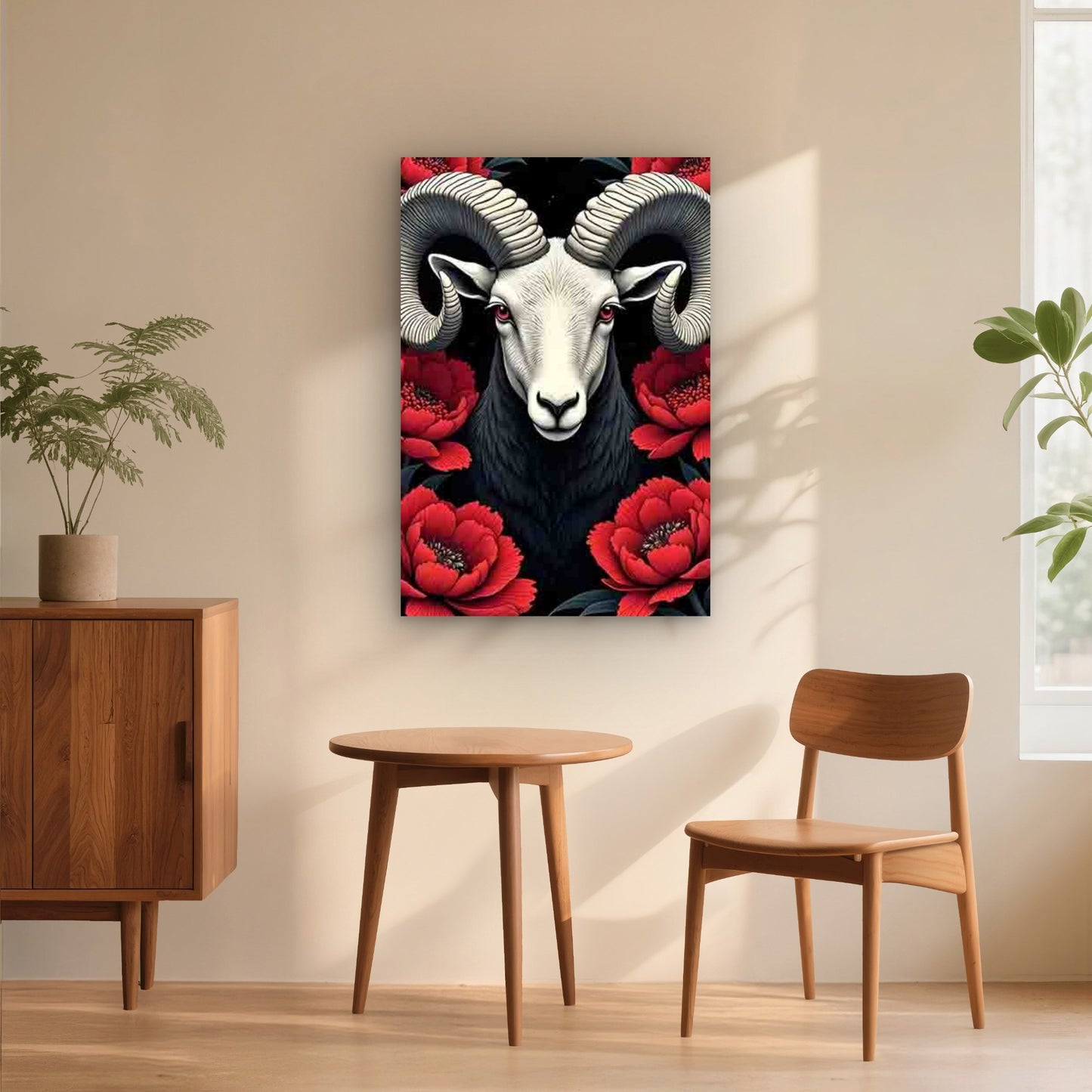 Sheep'S Head with Large Curved Horns And Red Eyes 60x90cm Metal Print Ready to Hang - Bella Home Decor