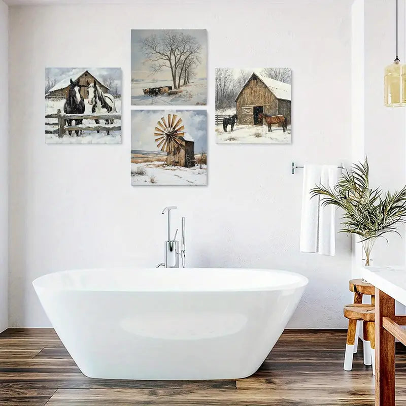 4pcs Horses, Barns, Windmills, Tree Wall Art Canvas Framed