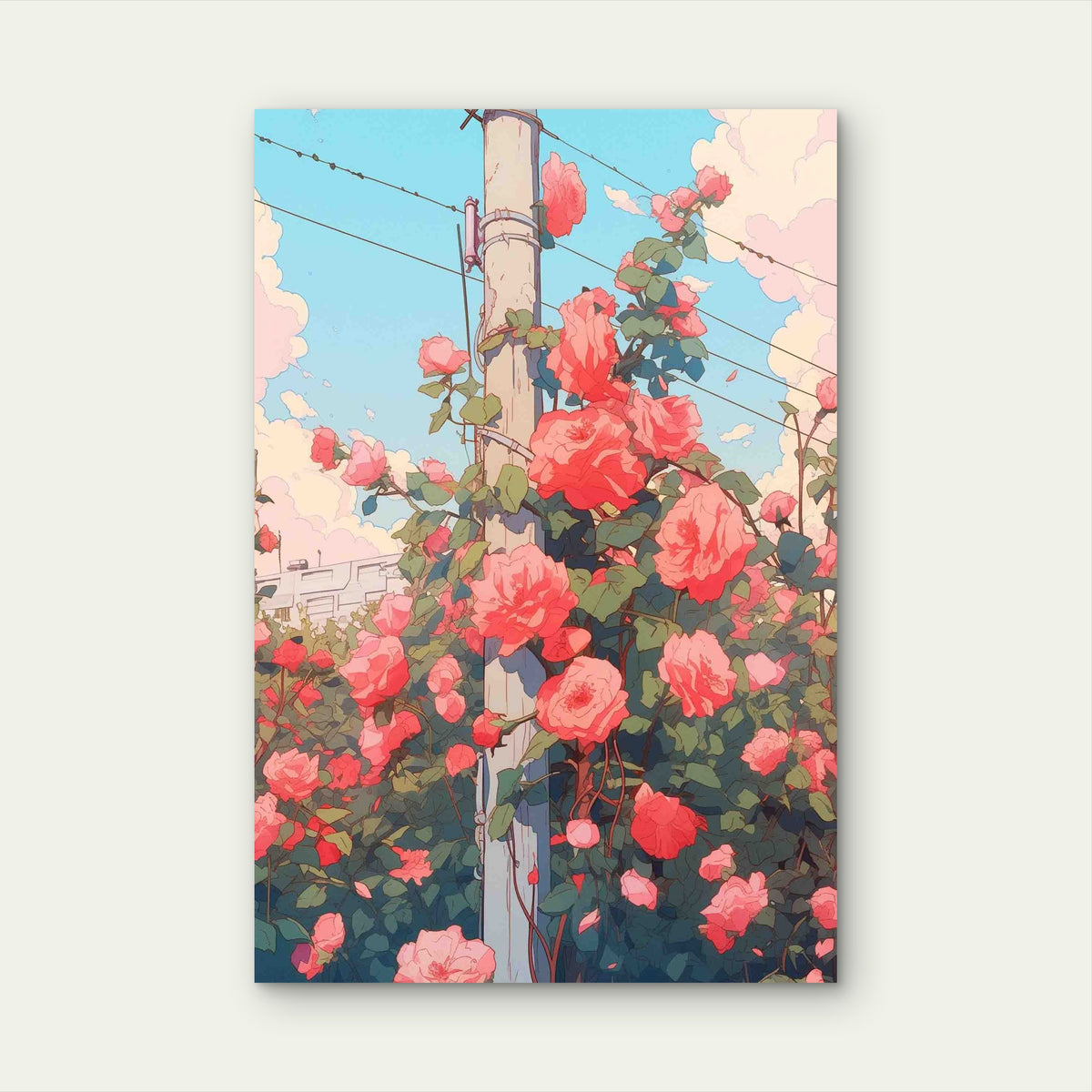 Ghibli Style Featuring Pink Roses Metal Print Ready to Hang