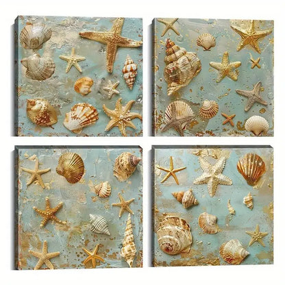 4pcs Beach Themed Starfish Conch Shells Pictures Wall Art Canvas Framed