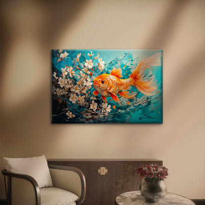 Gold Yellow Fish with White Flowers Wall Art Decor 100% Australian Made