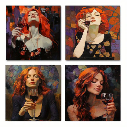 4pcs Mosaic Girl & Woman Drinking Wine Paintings Wall Art Canvas Framed