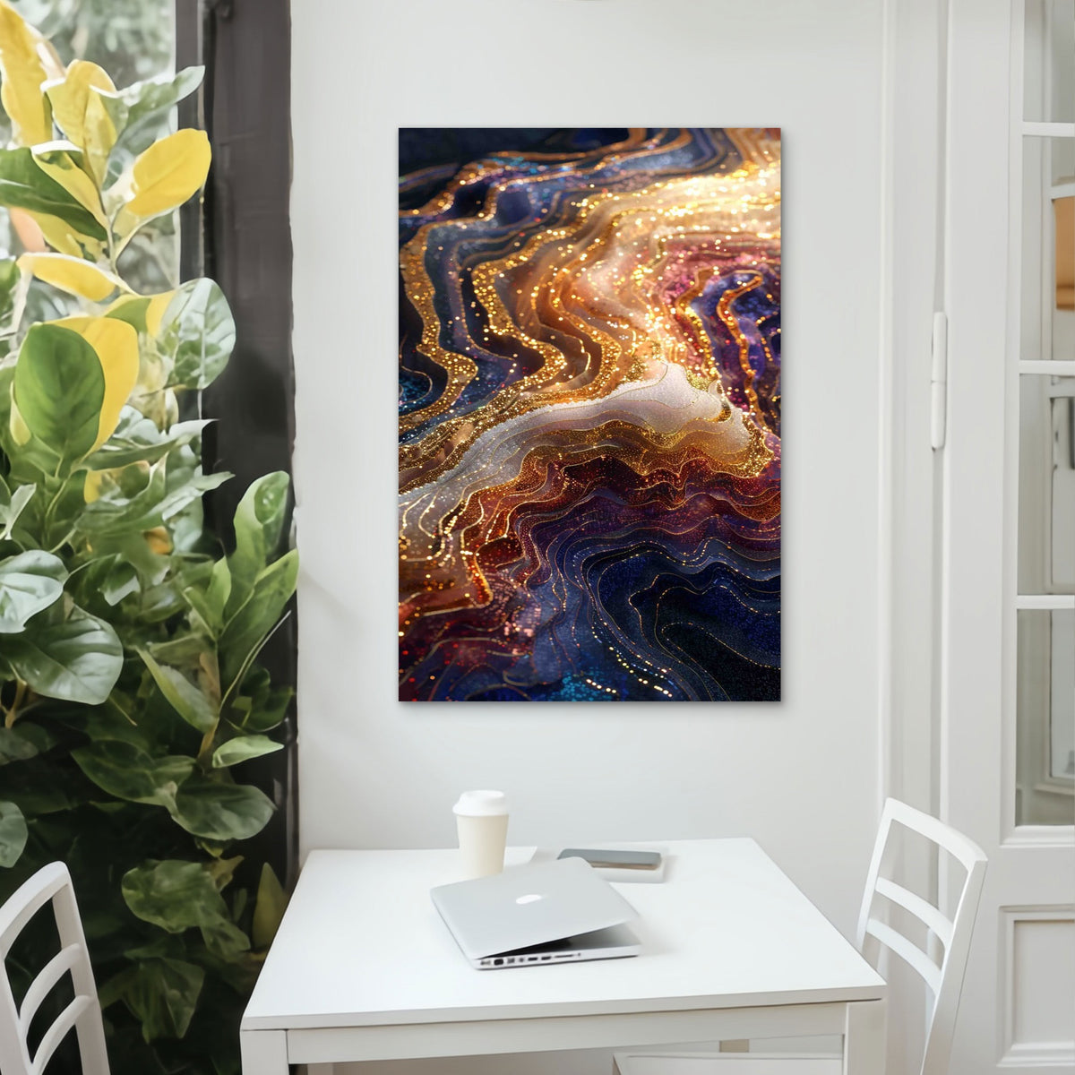 Glistening Sapphire and Amber Geode Flow 60x90cm Metal Print Ready to Hang