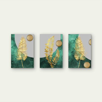 3pcs Abstract Emerald Green Gold Feather Wall Art Set Canvas Framed 50x70cm - High Quality Print 100% Australian Made Wall Canvas Ready to Hang