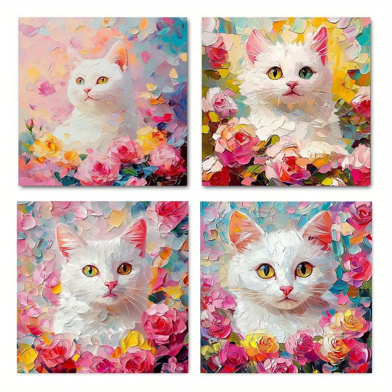 4pcs  cute kitten   Holiday Decor Bedroom  Wall Art Canvas Framed