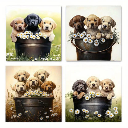 4pcs Adorable Puppies In Flower Pot Wall Art Canvas Framed