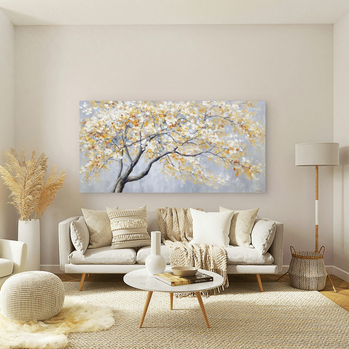 White Leaf Tree Painting Wall Art Canvas Office Home Room Framed 120x60cm