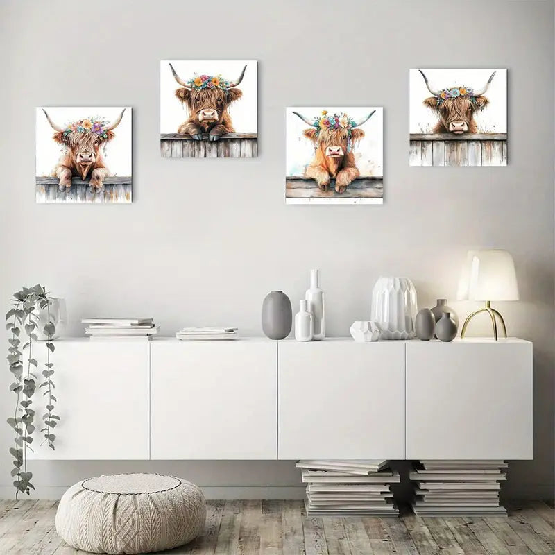 4pcs Garland cow Modern Wall Art Canvas Framed