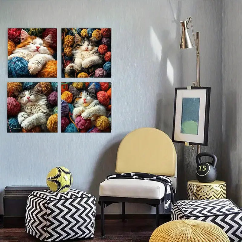 4pcs  Doodle cute kitten w Modern    Wall Art Canvas Framed