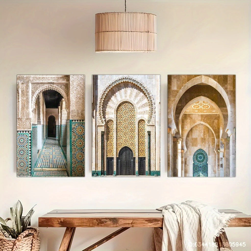 3pcs Elegant Moroccan Architecture Mosque Metal Print Ready to Hang Art