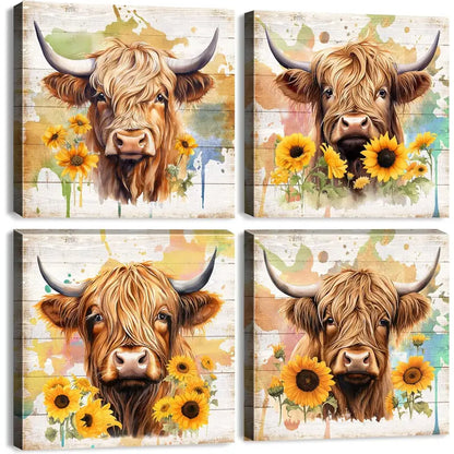 4pcs Farmhouse Highland Cow Wall Art Canvas Framed