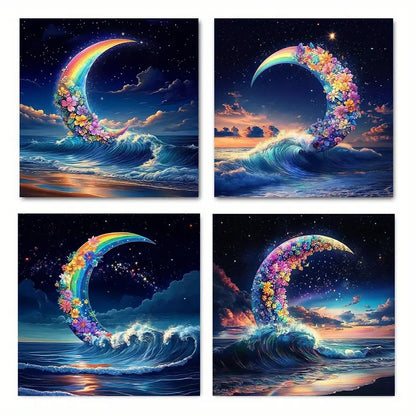 4pcs   Vibrant Rainbow & Floral Waves L     Wall Art Canvas Framed