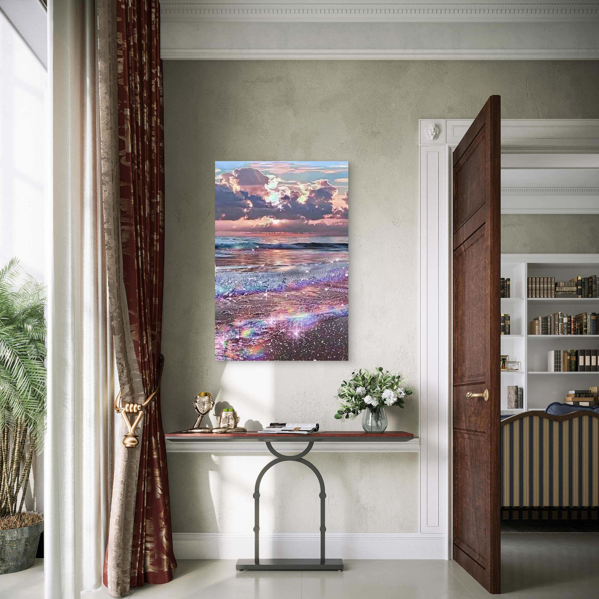 Beach Sunset with Shimmering Ocean Waves 60x90cm Metal Print Ready to Hang