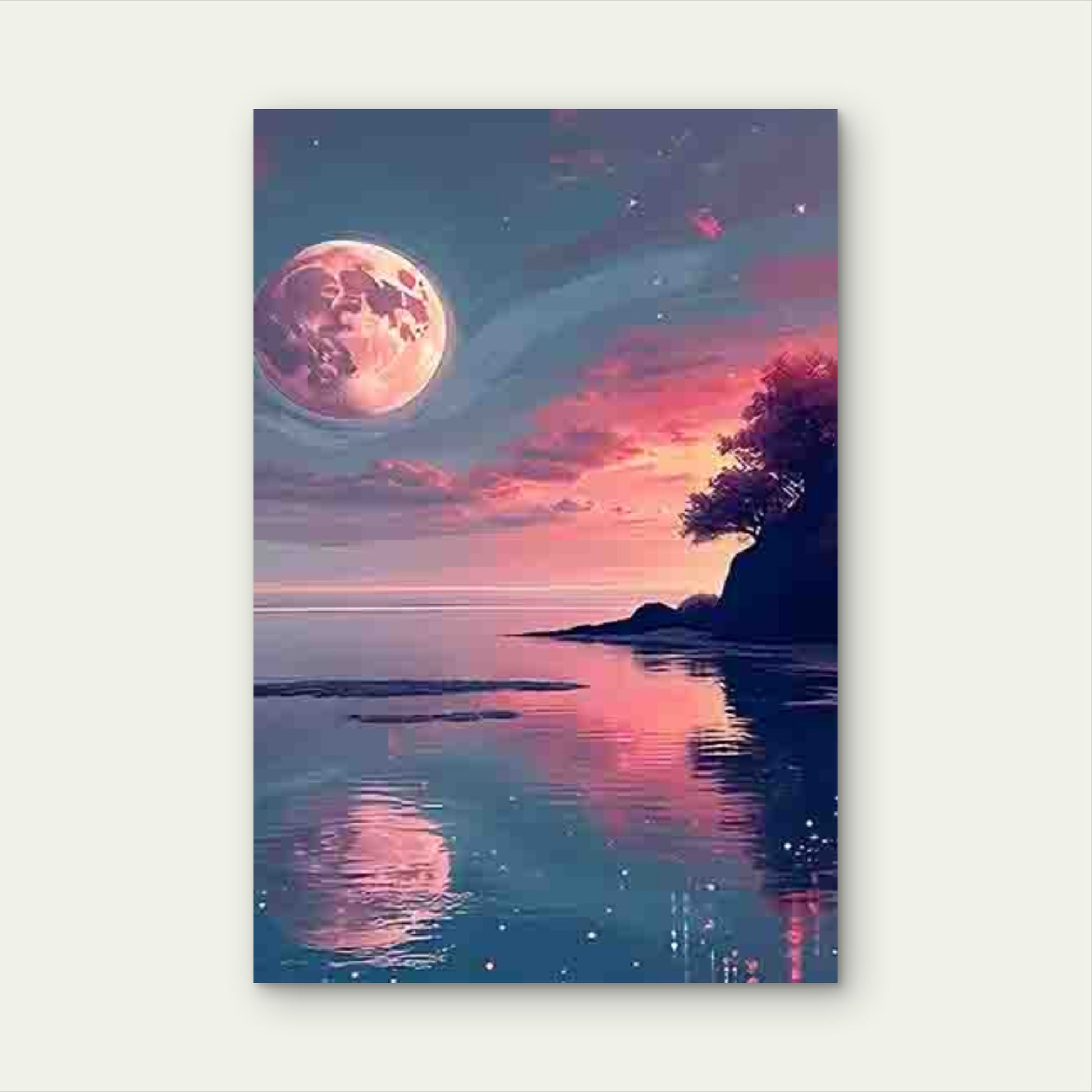 Pink and Purple Sky with Large Full Moon 60x90cm Metal Print Ready to Hang - Bella Home Decor