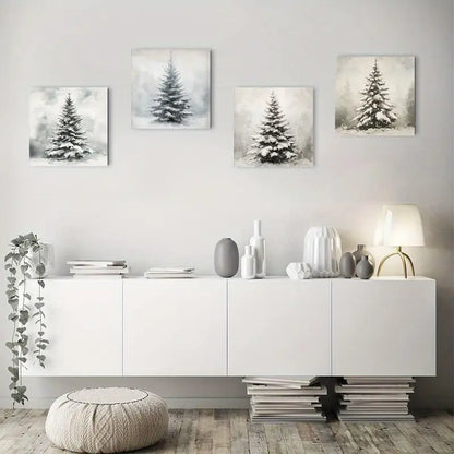4pcs Snowy Pine Trees With Frosty Rooftops Wall Art Canvas Framed