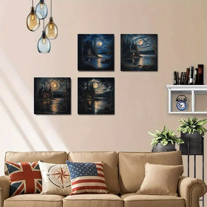 4pcs Lakeside Cabin Under Moonlit Night Wall Art Canvas Framed