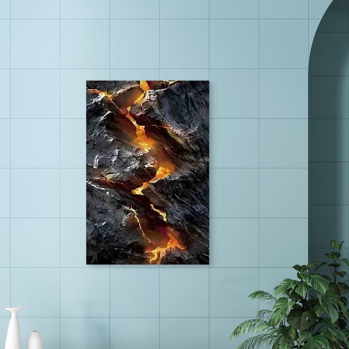 Fiery Lava Flowing Through Cracked Earth 40x60cm Metal Print Ready to Hang