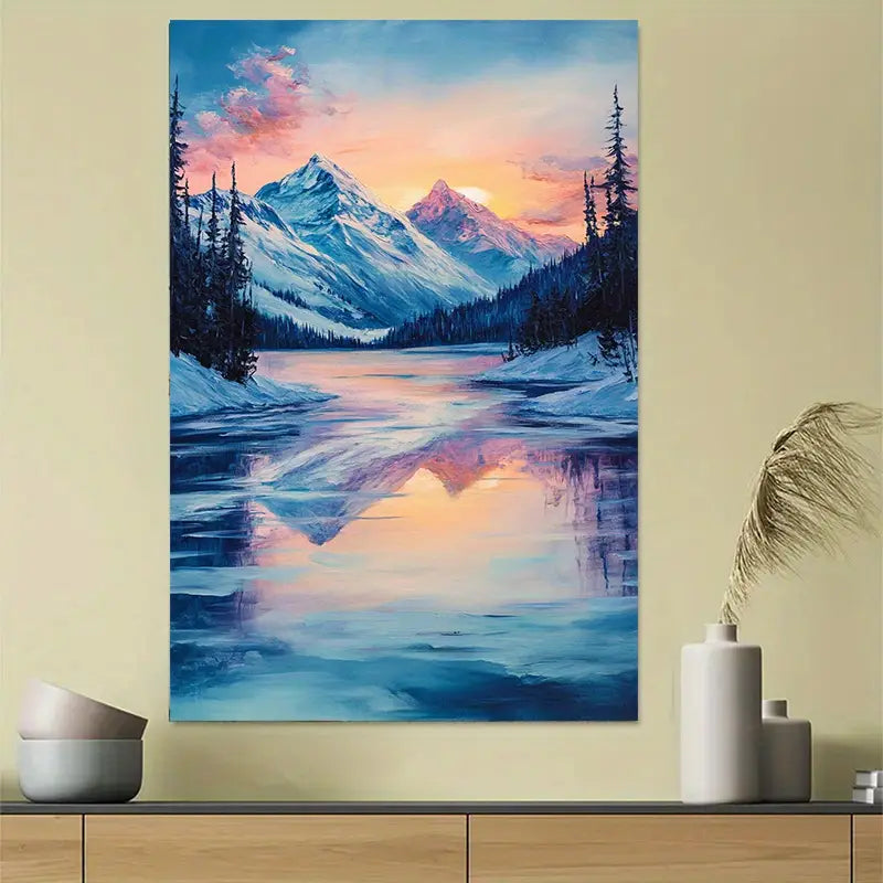 Winter Snowy Lake Sunset Scene Art Poster 40x60cm Metal Print Ready to Hang
