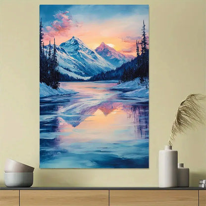 Winter Snowy Lake Sunset Scene Art Poster 40x60cm Metal Print Ready to Hang