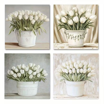 4pcs Tulip Flowers Distressed Wall Art Canvas Framed
