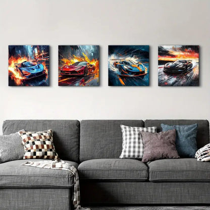 4pcs Vibrant Blue/Orange/Red/Black/, Modern Garage Wall Art Canvas Framed