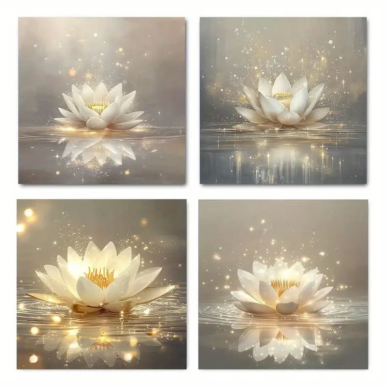 4pcs  Lotus Auspicious Clouds Elegant Wall Art Canvas Framed