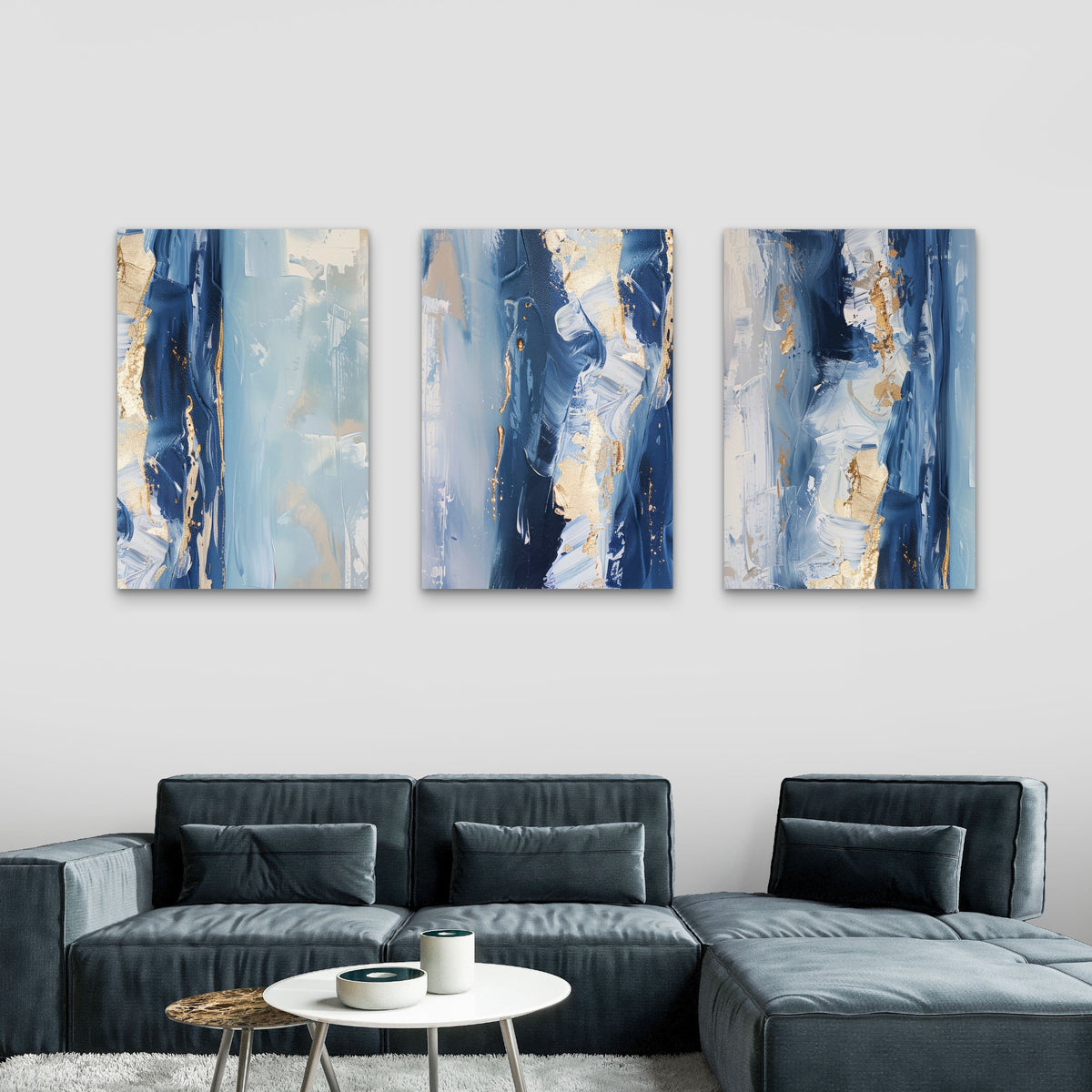 3pcs Navy Gold Abstract Modern Fluid Coast Ocean Wall Art Set Canvas Framed 40x60cm - High Quality Print 100% Australian Made Wall Canvas Ready to Hang