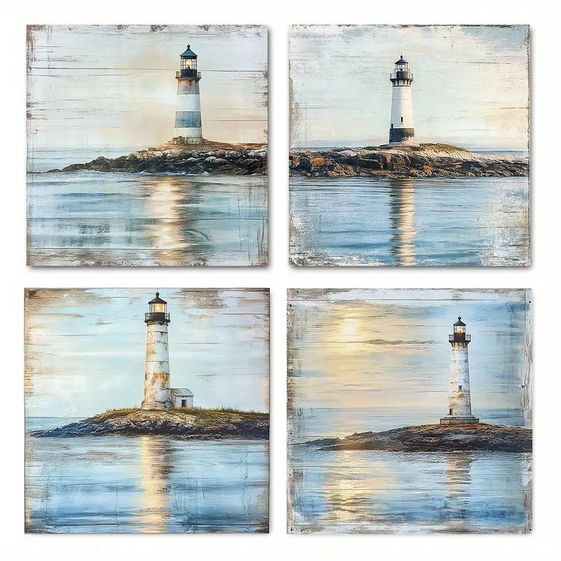 4pcs Nautical Lighthouse Vintage Blue Ocean VO  Wall Art Canvas Framed