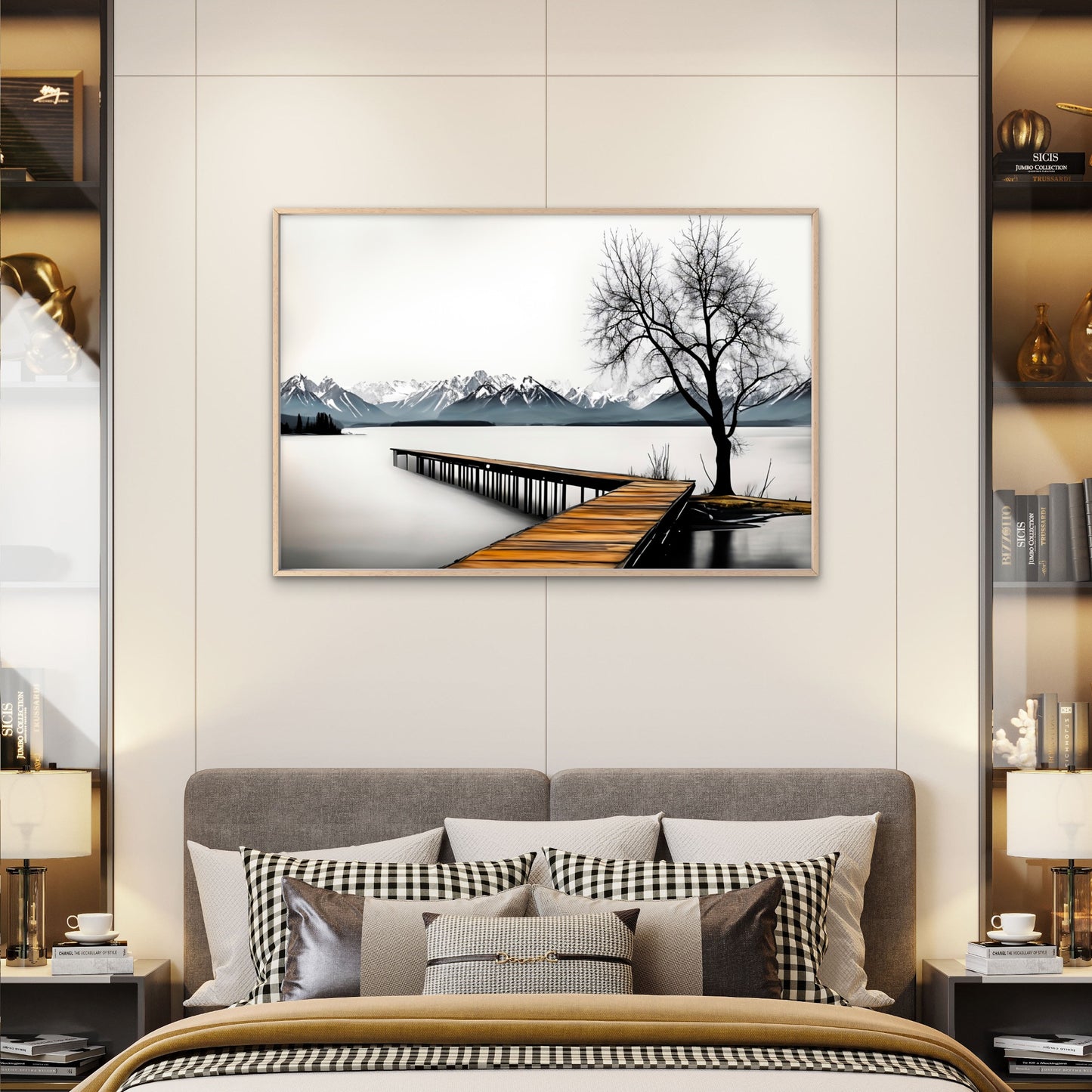 Black And White Wooden Pier Tree Lake Wall Art Decor 100% Australian Made