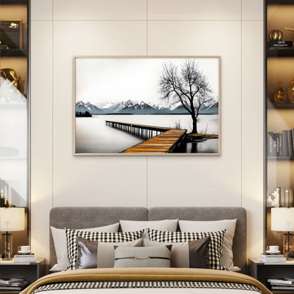 Black And White Wooden Pier Tree Lake Wall Art Decor 100% Australian Made
