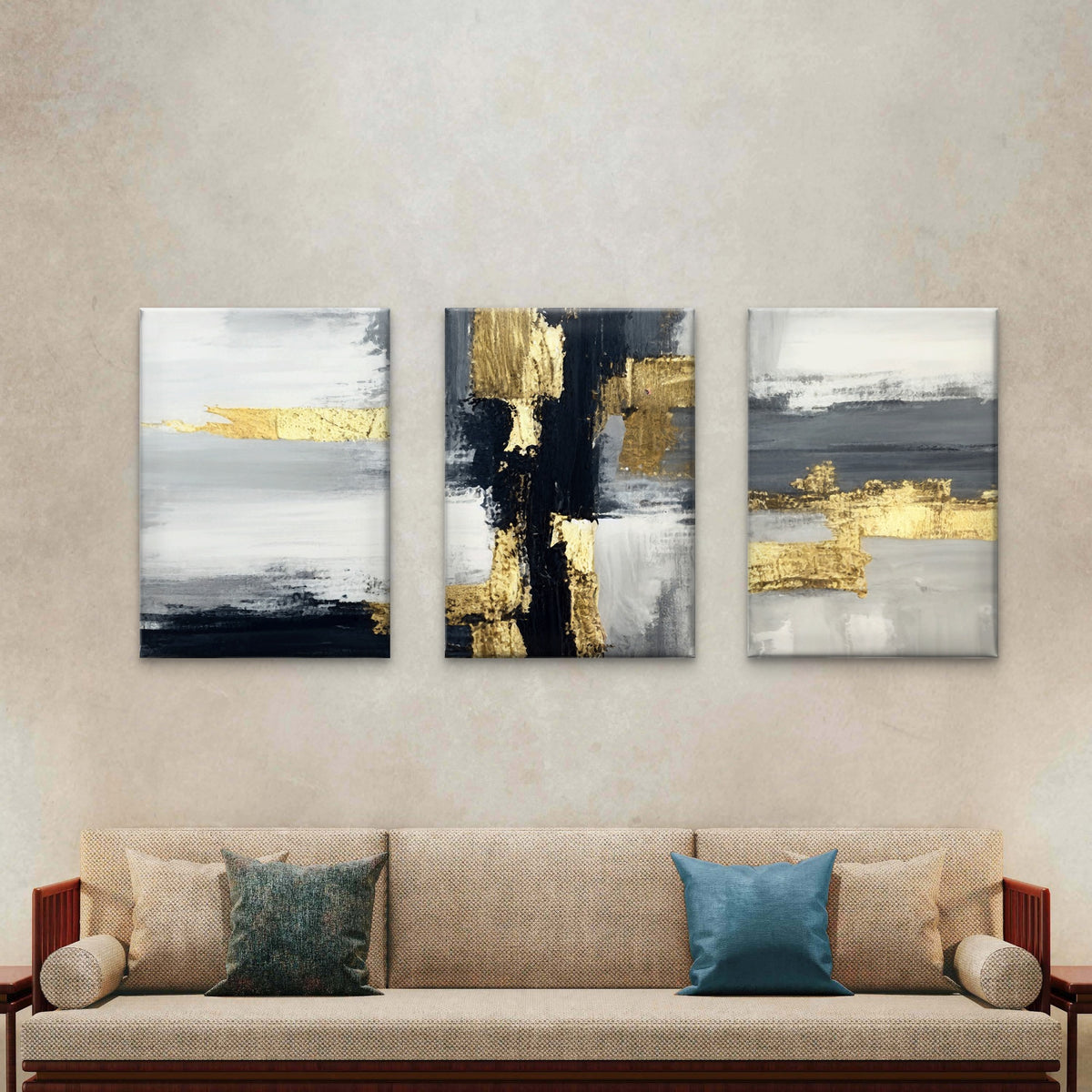 3pcs Modern Black Gray Gold Abstract Block Wall Art Set Canvas Framed 60x90cm - High Quality Print 100% Australian Made Wall Canvas Ready to Hang