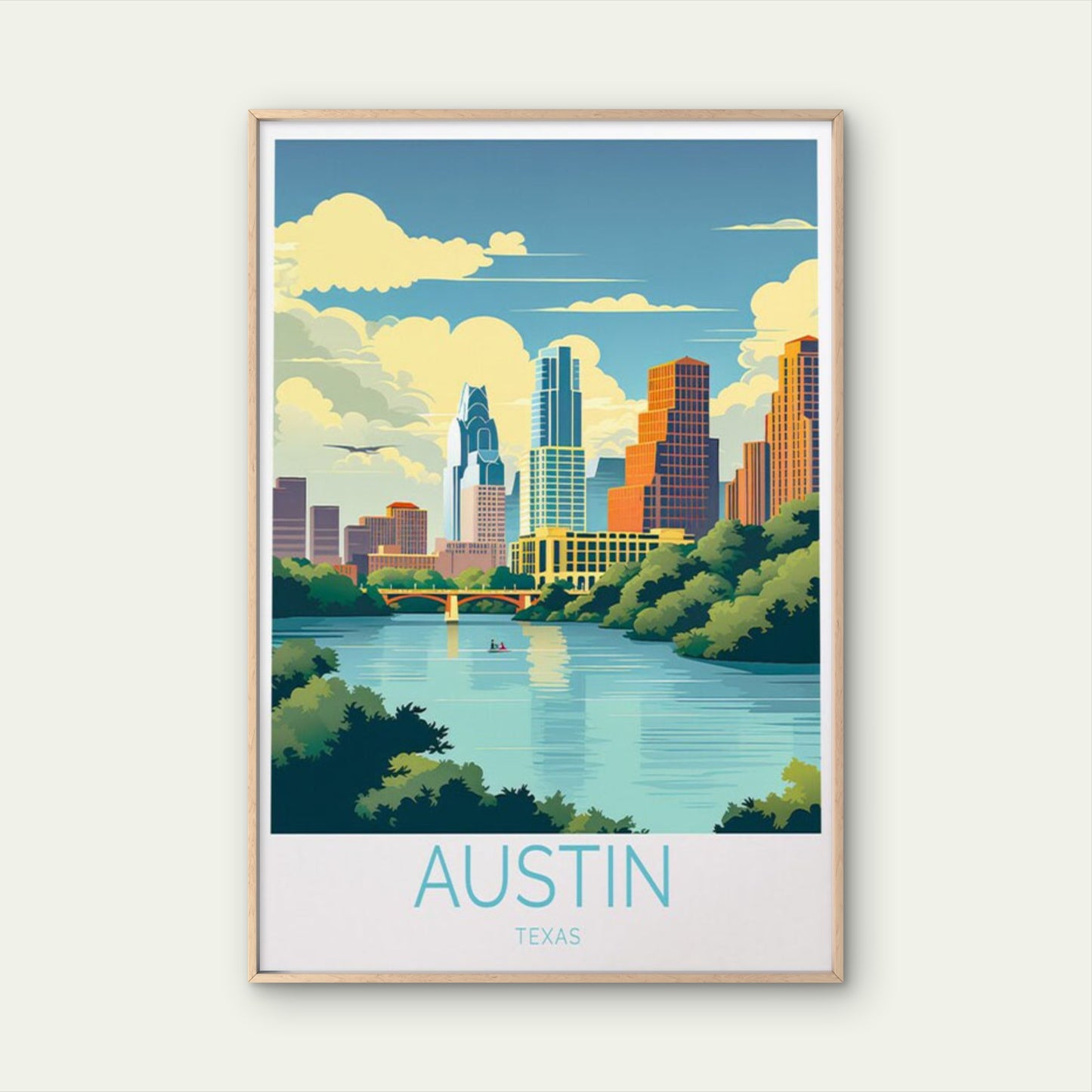 Austin City in Texas, Skyscrapers, Canal Travel Poster Print Wall Art