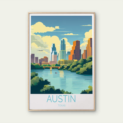 Austin City in Texas, Skyscrapers, Canal Travel Poster Print Wall Art