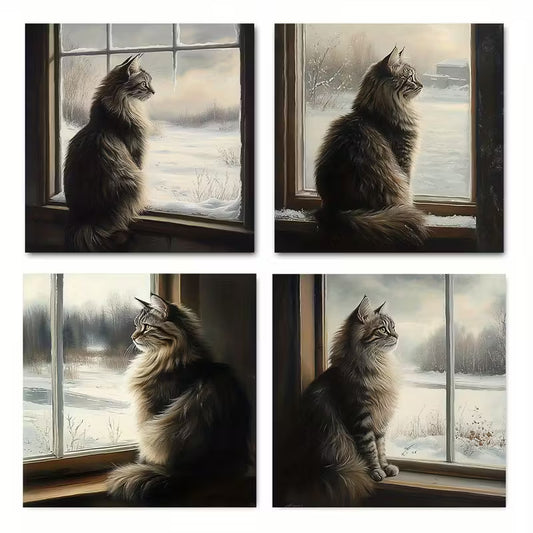 4pcs Cute Maine Coon Cat Wall Art Canvas Framed