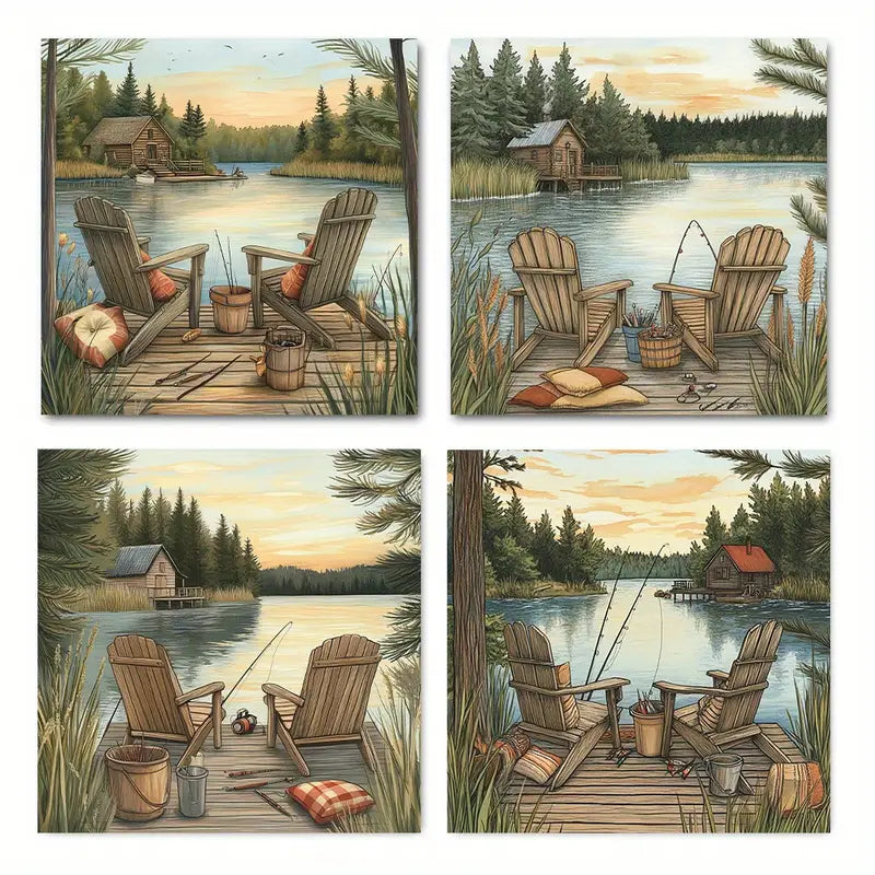 4pcs  Serene Fishing Scene With Recliners Wall Art Canvas Framed