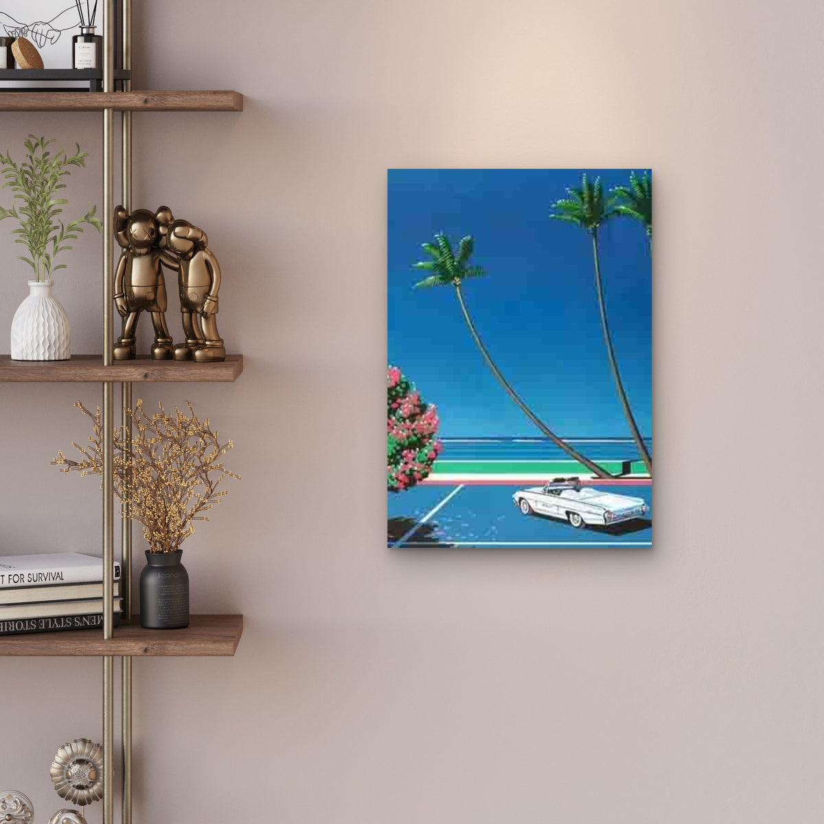 White Convertible with Palm Trees 60x90cm Metal Print Ready to Hang