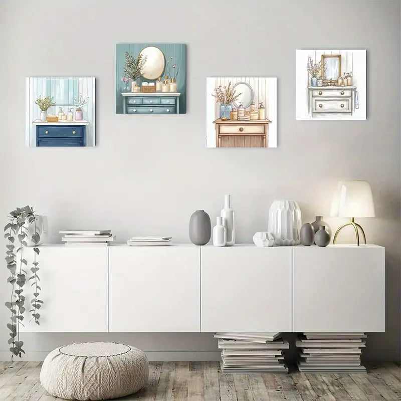 4pcs Floral Bathroom Cabinet Deco Wall Art Canvas Framed