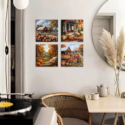 4pcs Autumn Harvest Pumpkin Wall Art Canvas Framed