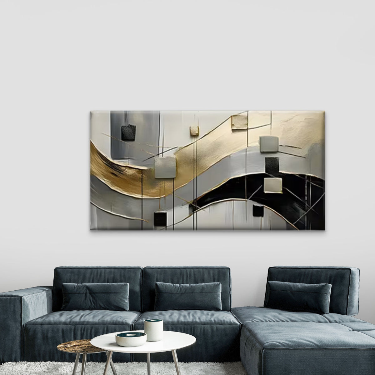 Black White Golden Line & Block Wall Art Canvas Office Home Room Framed 120x60cm